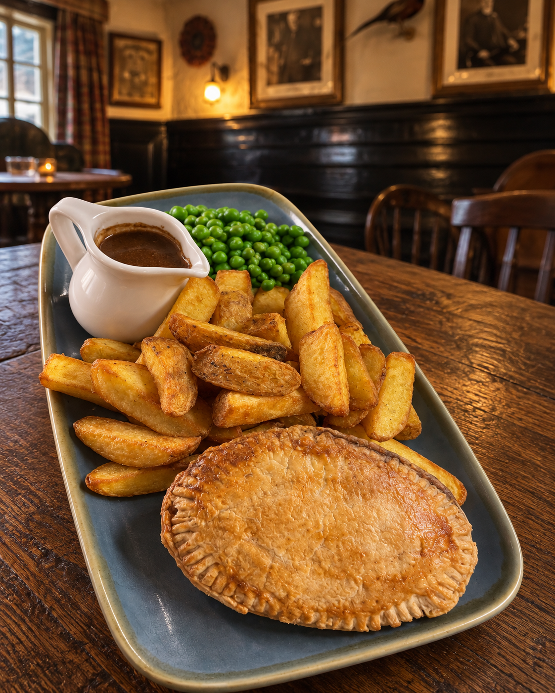 Zena’s homemade pie served with chips, peas and gravy at Who’d Have Thought It Inn