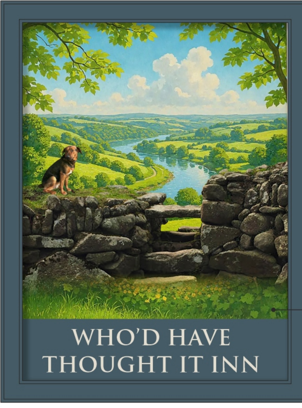 The Who'd Have Thought It Inn hand-painted pub sign: a Cornish stone hedge and dog looking out over the Tamar Valley